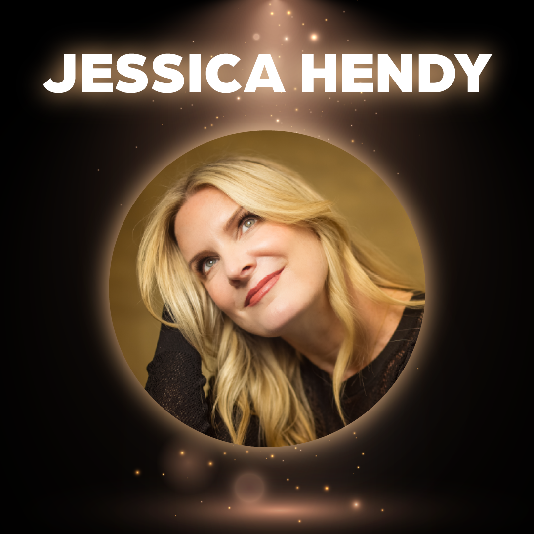 A circle with an image of Jessica Hendy looking up.