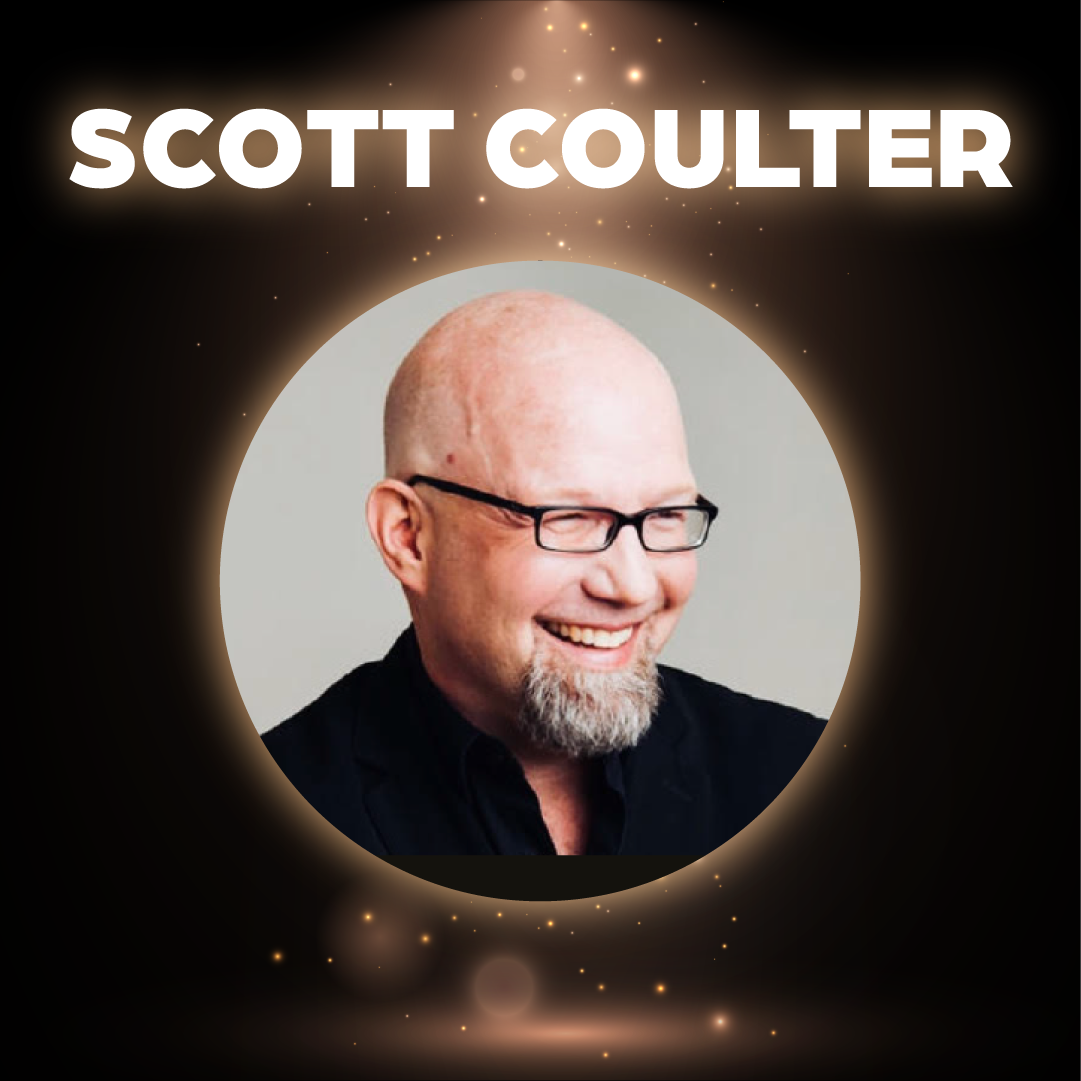 A circle with an image of Scott Coulter smiling looking to right. 