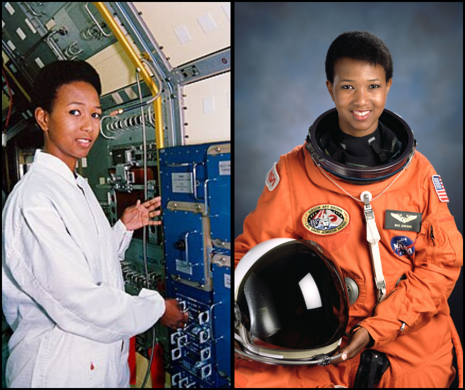 Portraits of Mae C. Jemison on the space station and in her space suit
